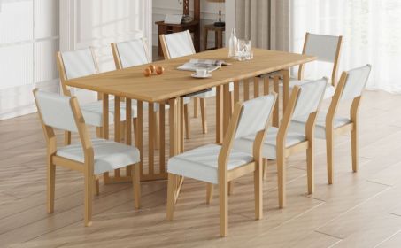 TOPMAX Farmhouse 9-Piece 83.9inch Extendable Dining Table Set with 2 12-inch Removable Leaves and 8 Upholstered Dining Chairs, Natural